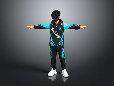 Man With Black Teal BLUEN Hoodie Track Pants White Sneakers Arms Outstretched On Gray Background 3d model