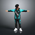 Man With Black Teal BLUEN Hoodie Track Pants White Sneakers Arms Outstretched On Gray Background