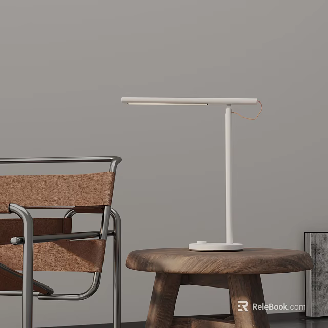 White Desk Lamp On Wooden Small Round Table With Brown Chair And Gray Wall 3d model 