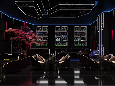Modern Stylish Bar Interior Design With Comfortable Seating Ambient Lighting And Decorative Plants 3d model