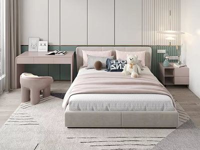 Modern Cozy Bedroom Double Bed With Green Headboard Pillows Stuffed Toys Nightstand And Desk 3d model