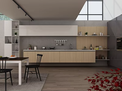 Modern Kitchen Interior Design With Light Wood Cabinets Track Lights Skylight And Dining Table 3d model