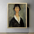 Framed Woman Portrait Painting with Curly Brown Hair Dark Dress and Light Blue Background