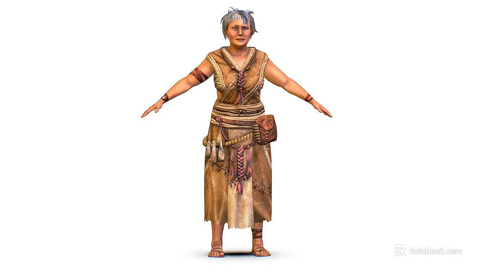 Traditional Tribal Character In Handmade Costume With Animal Companion And Decorative Pouches 3d model 