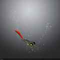 Green Aquatic Creature With Red Tail And Yellow Eyes Swimming In Dark Underwater With Bubbles