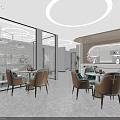 Modern Interior Design With Orange Chairs White Tables Glass Partitions Circular Lights And Plants