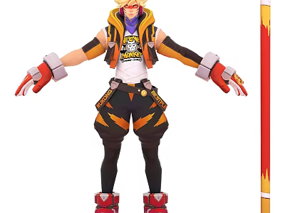 Stylish Video Game Character With Blonde Hair Goggles Orange Black Outfit Red Gloves 3d model