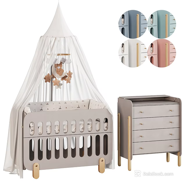 Light Gray Baby Crib with White Canopy Teddy Mobile Gold Handle Dresser and Various Colors 3d model 