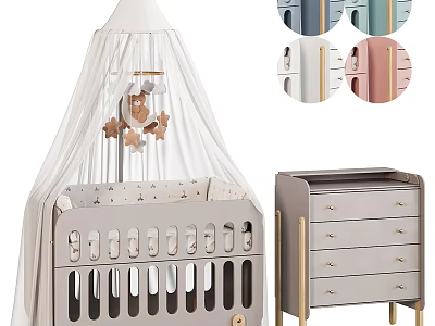 Light Gray Baby Crib with White Canopy Teddy Mobile Gold Handle Dresser and Various Colors 3d model