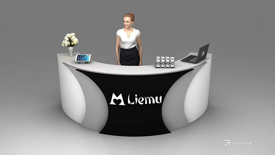 Stylish Black White Reception Desk With Liemu Logo Woman Tablet Laptop And Flower Vase 3d model 