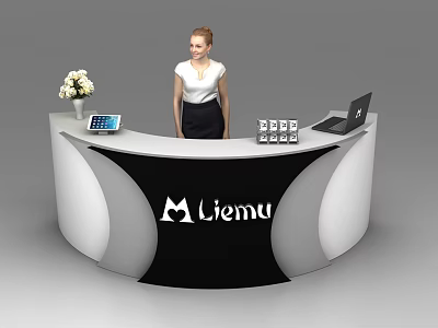 Stylish Black White Reception Desk With Liemu Logo Woman Tablet Laptop And Flower Vase 3d model