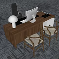 Wooden Office Desk With Computer Monitor Keyboard Lamp Black Chair Rattan Seats Gray Carpet
