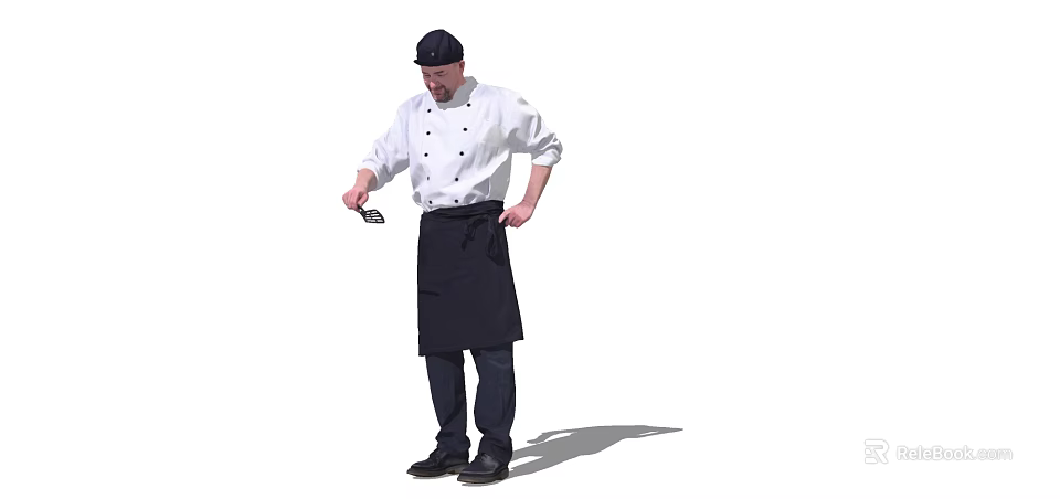 The Man Wearing White Chef Coat Black Hat And Black Apron Holding Spoon Standing 3d model 