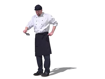 The Man Wearing White Chef Coat Black Hat And Black Apron Holding Spoon Standing 3d model
