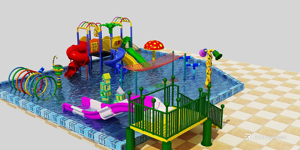 Colorful Water Park Play Equipment with Slides Mushroom Umbrellas Rope Bridges and Inflatable Toys 3d model 