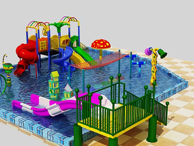 Colorful Water Park Play Equipment with Slides Mushroom Umbrellas Rope Bridges and Inflatable Toys 3d model