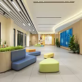 Modern School Lobby Interior With Colorful Round Sofas Green Plants And Bookshelves