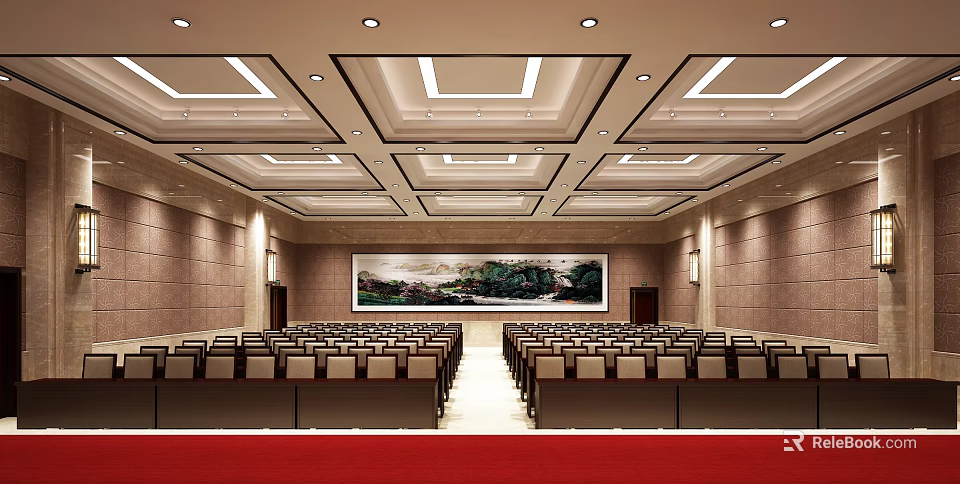 Spacious Conference Room Interior With Arranged Seats Large Landscape Painting Modern Ceiling And Red Carpet 3d model 