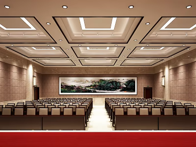 Spacious Conference Room Interior With Arranged Seats Large Landscape Painting Modern Ceiling And Red Carpet 3d model