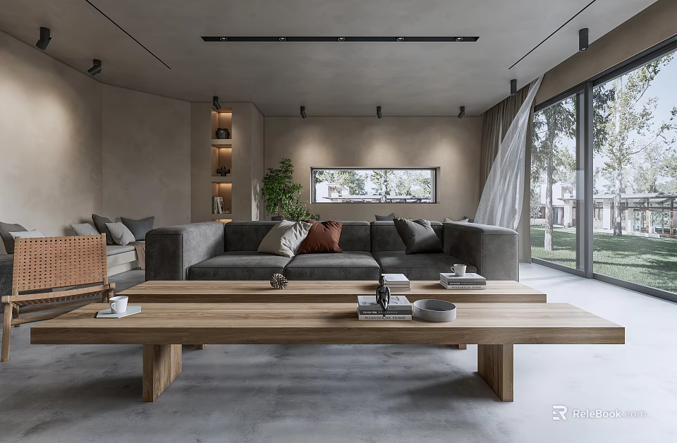 Minimalist Living Room with Gray Sofa Wooden Coffee Table Large Windows and Green Plant 3d model 