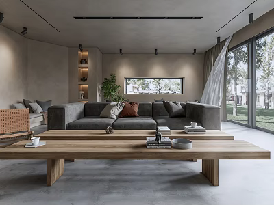 Minimalist Living Room with Gray Sofa Wooden Coffee Table Large Windows and Green Plant 3d model