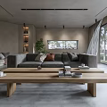 Minimalist Living Room with Gray Sofa Wooden Coffee Table Large Windows and Green Plant