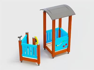 Kids Wooden Playground Equipment with Blue Railings Orange Frames Gray Roof and Colorful Decorations 3d model
