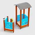 Kids Wooden Playground Equipment with Blue Railings Orange Frames Gray Roof and Colorful Decorations