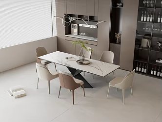 Modern Dining Table and Chair Combination Marble Dining Table Leather Dining Chair Sideboard Glass Door Wine Cabinet Decorative Cabinet Direct Drinking Machine Wine Bottle Wine Glass Metal Chandelier Vase Green 3d model