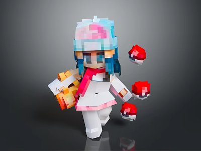 Pixelated Game Character With Colorful Hat Blue Hair Pink Scarf White Outfit And Red Fruits 3d model