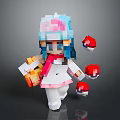 Pixelated Game Character With Colorful Hat Blue Hair Pink Scarf White Outfit And Red Fruits