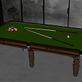 Billiard Room Interior With Green Felt Table Wooden Legs Colorful Balls Cues And Bright Windows