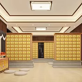 Traditional Chinese Memorial Hall With Wooden Structure Yellow Grid Walls And Offering Table