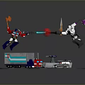 Red Blue And White Robot Warriors Fighting With Orange Pink Weapons And Vehicles