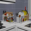 Organized Kitchen Tableware Set With White Metal Racks Plates Bowls Spice Bottles And Cooking Utensils