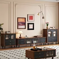 Wooden TV Stand With Glass Doors Black Drawers Table Lamp And Wall Art