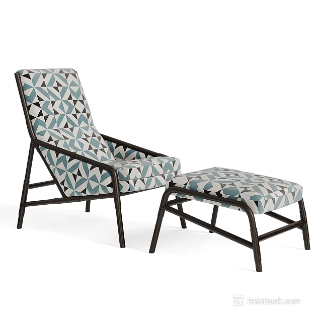 Modern Accent Chair with Ottoman Featuring Geometric Pattern and Dark Metal Frame 3d model 