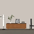 Wooden TV Stand With Vase Artwork And Floor Lamp Near Black Chair On Rug
