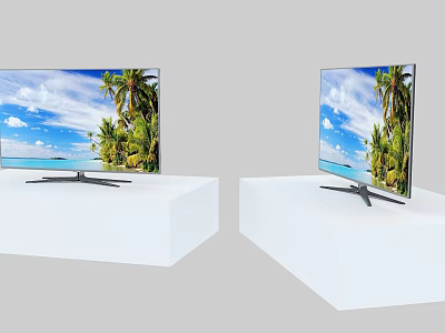 Two Modern TVs on White Pedestals Showing Scenic Blue Sky and Palm Trees 3d model