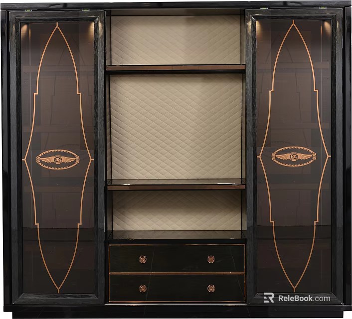 Luxury Black Bookcase With Gold Accent Lines Open Shelves And Drawers 3d model 