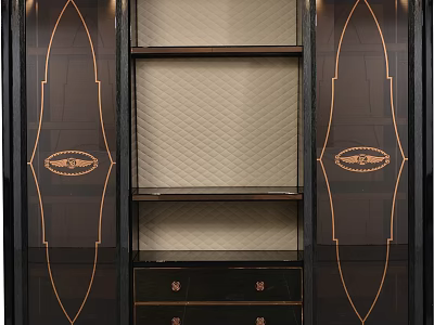 Luxury Black Bookcase With Gold Accent Lines Open Shelves And Drawers 3d model