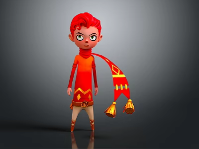 Red Haired Animated Game Movie Character In Red Outfit With Decorative Scarf And Stylish Design 3d model