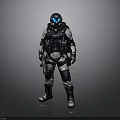 Futuristic Character In Biomechanical Armor Standing With Glowing Blue Visor And Weapon