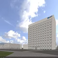 Tall Modern Office Building With SALT Logo Blue Sky White Clouds Green Lawn Plaza Area