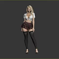 A Blonde Woman In White Shirt And Plaid Skirt With Black Stockings And High Heels
