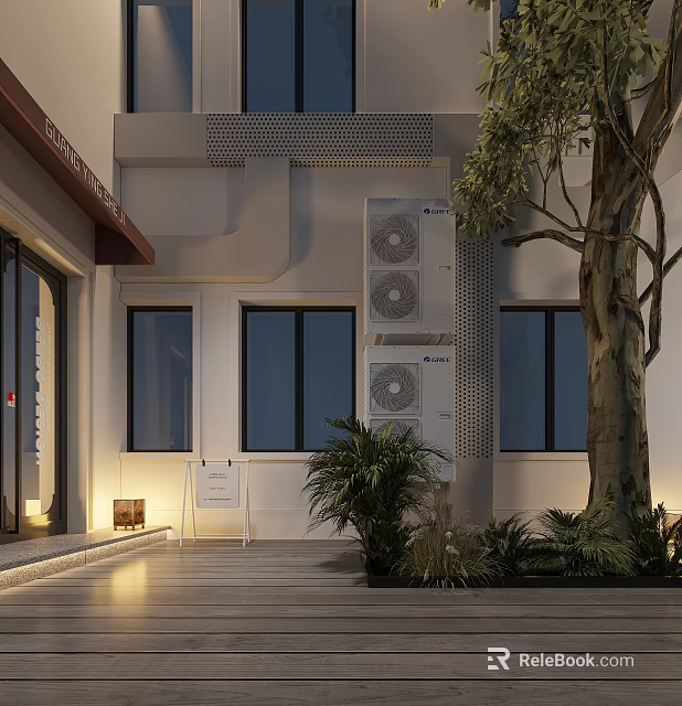 Modern Garden With White Building Large Windows Tall Tree Green Plants And Wooden Deck 3d model 