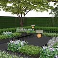 Courtyard Garden Design With Lush Trees Shrubs Hedges Stone Path And Flower Beds