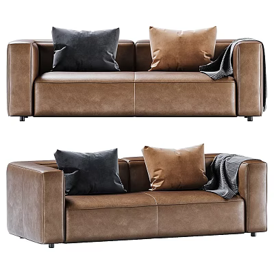 Brown Two Seater Sofa with Black and Brown Cushions and Grey Throw Blanket Modern Style 3d model