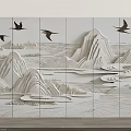 Modern Chinese Style Background Wall Design with 3D Carved Mountains Rivers and Flying Birds