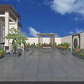 Chinese Style Detached Villa Exterior With Main Door Steps And Green Plants